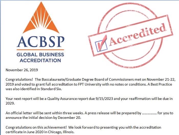 Sau buổi đánh giá tại ĐH FPT Hà Nội, ngành Quản trị kinh doanh được công nhận đạt chuẩn ACBSP